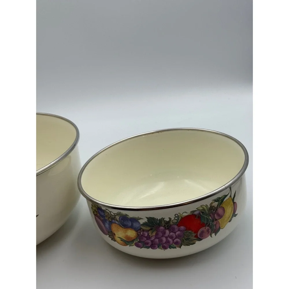 Vintage Cornucopia Enamel Nesting Mixing Bowls Set of 2 Fruit Pattern Cream 8.5